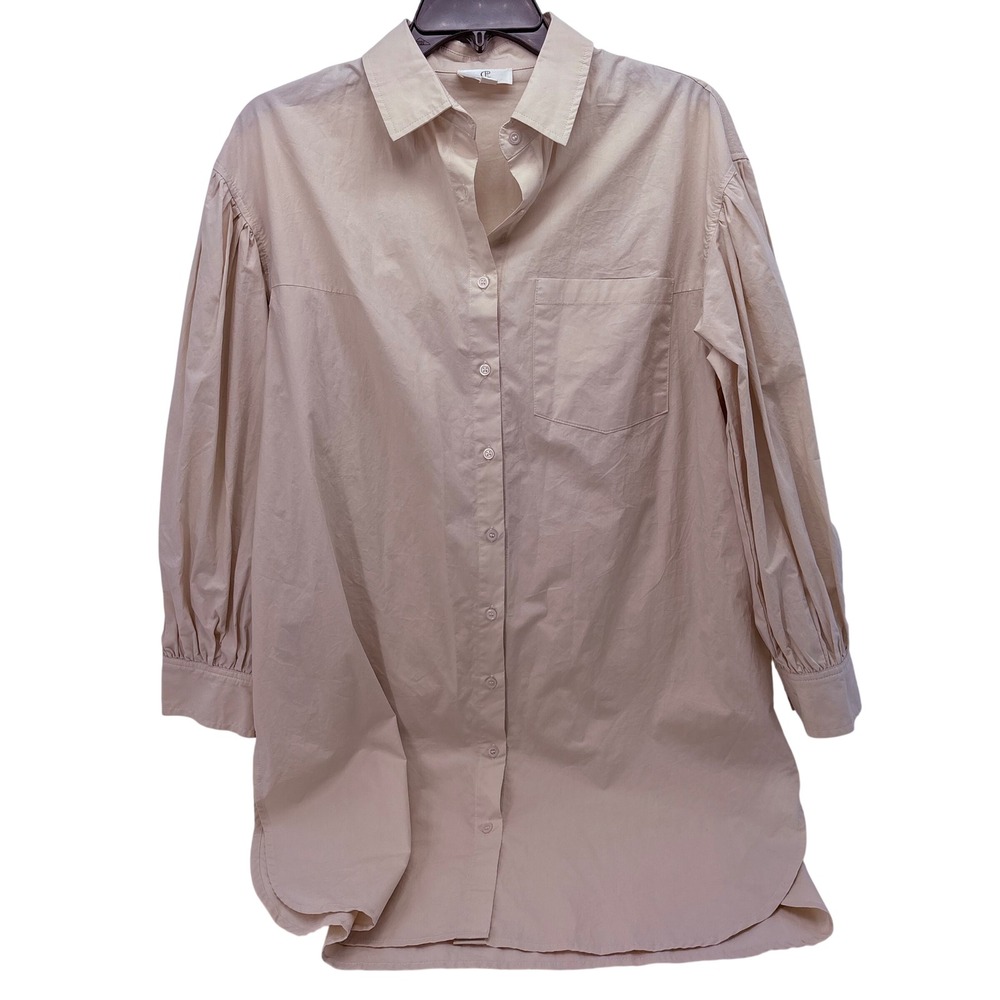 FP Beach Free People Oversized Poplin Button Down Shirt Beige Puff Sleeve Small